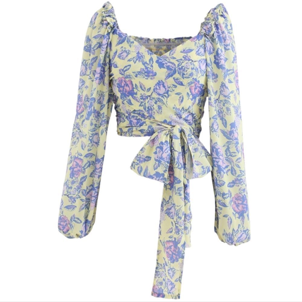 Yvonne & Love Floral Criss-Cross Bodies Adjustable Ties Wrap Top Puff Sleeve Lar